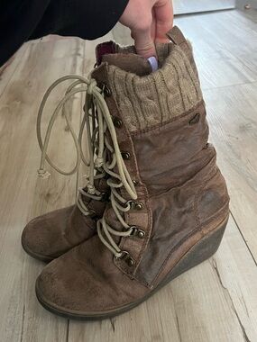 Roxy Brown Lace-Up Wedge Ankle Boots with Knit Cuff